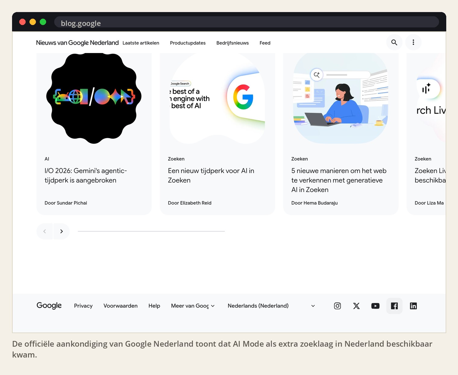De officiële aankondiging van Google Nederland toont dat AI Mode als extra zoeklaag in Nederland beschikbaar kwam.