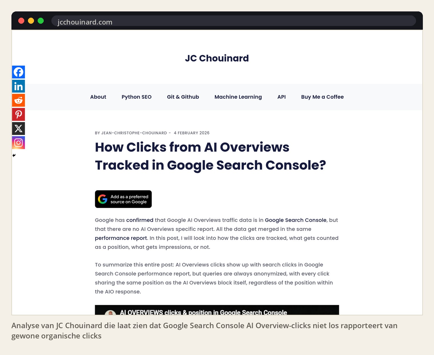 Analyse van JC Chouinard die laat zien dat Google Search Console AI Overview-clicks niet los rapporteert van gewone organische clicks