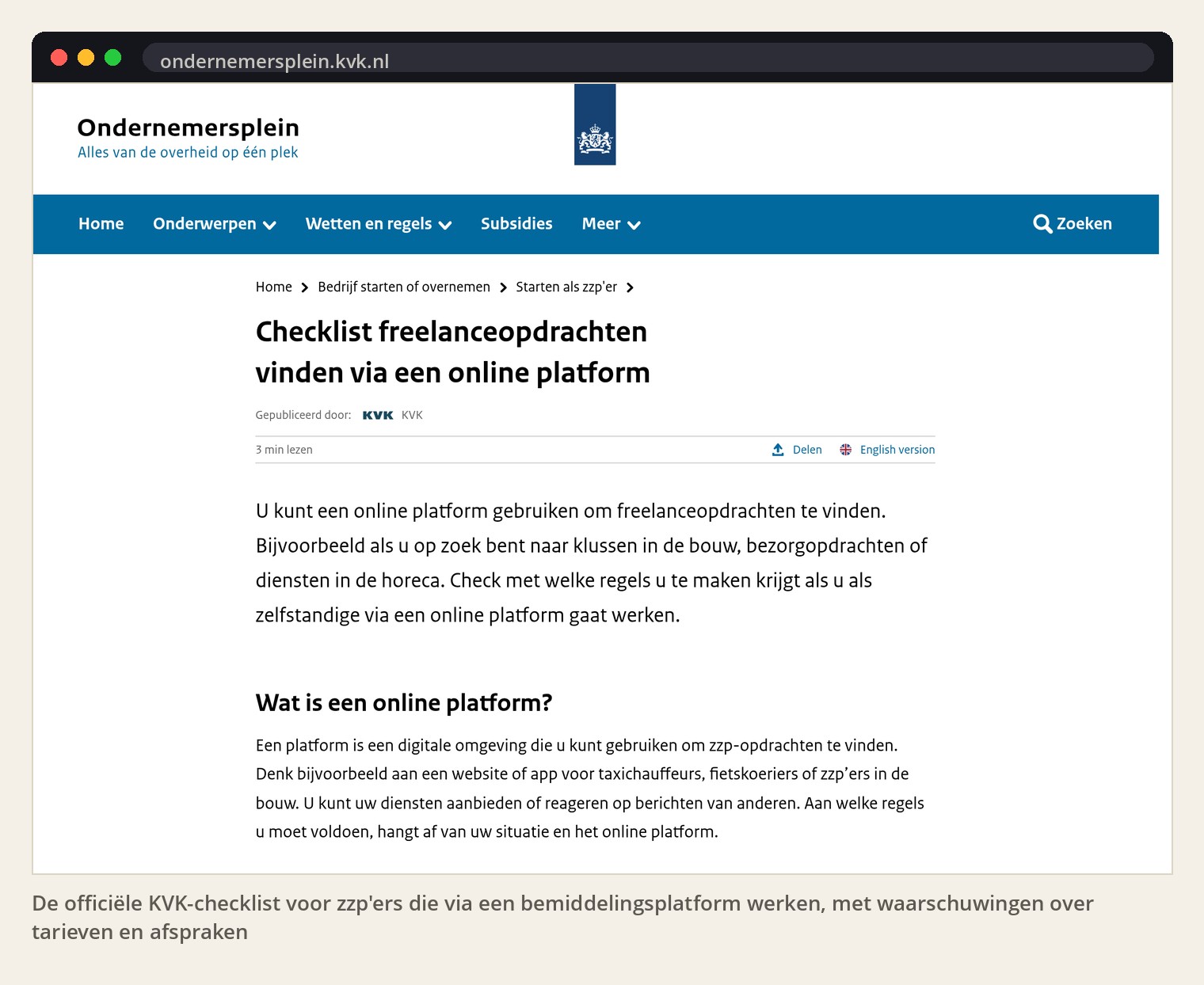 De officiële KVK-checklist voor zzp'ers die via een bemiddelingsplatform werken, met waarschuwingen over tarieven en afspraken
