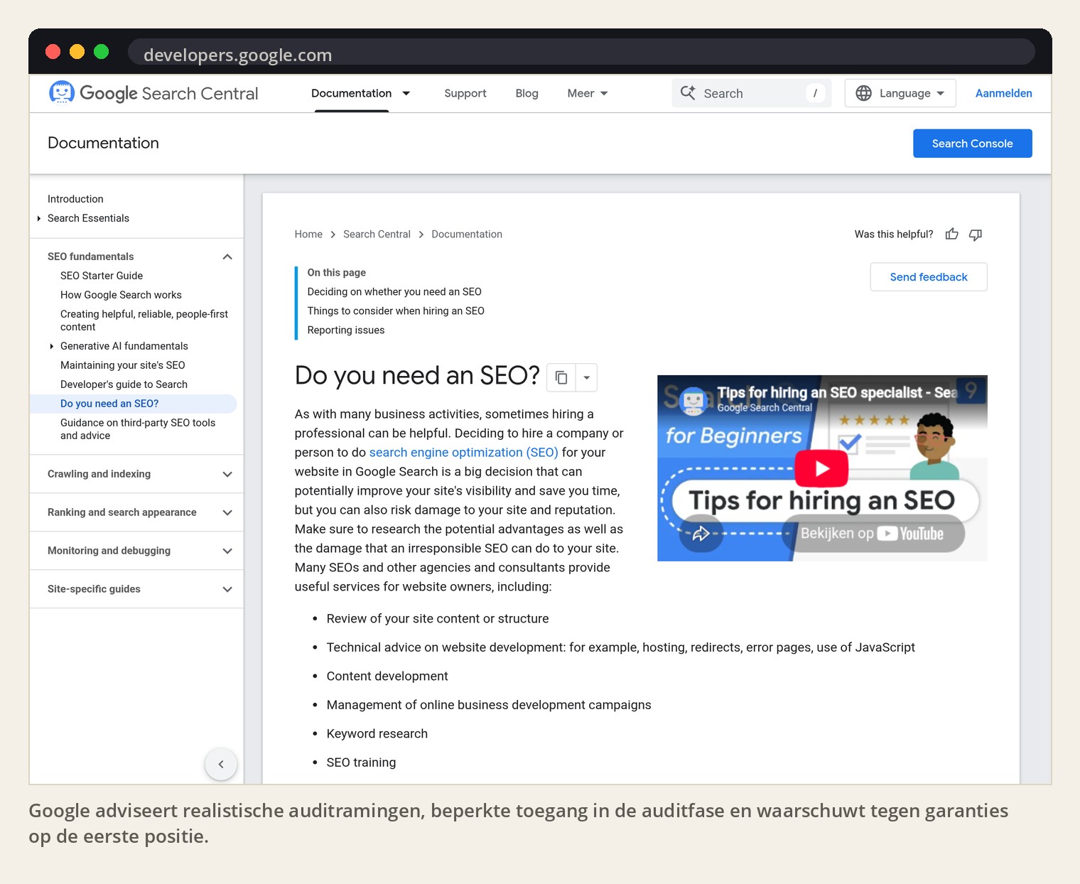 Google adviseert realistische auditramingen, beperkte toegang in de auditfase en waarschuwt tegen garanties op de eerste positie.