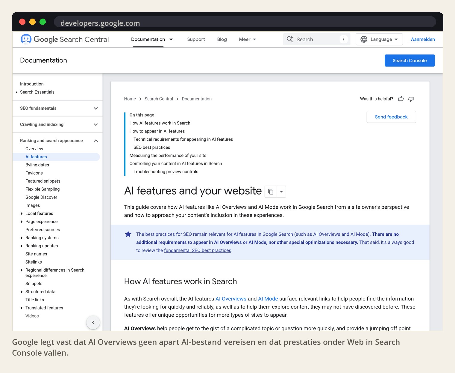Google legt vast dat AI Overviews geen apart AI-bestand vereisen en dat prestaties onder Web in Search Console vallen.