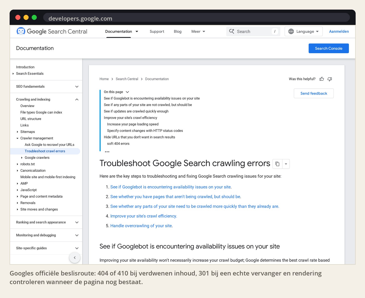 Googles officiële beslisroute: 404 of 410 bij verdwenen inhoud, 301 bij een echte vervanger en rendering controleren wanneer de pagina nog bestaat.