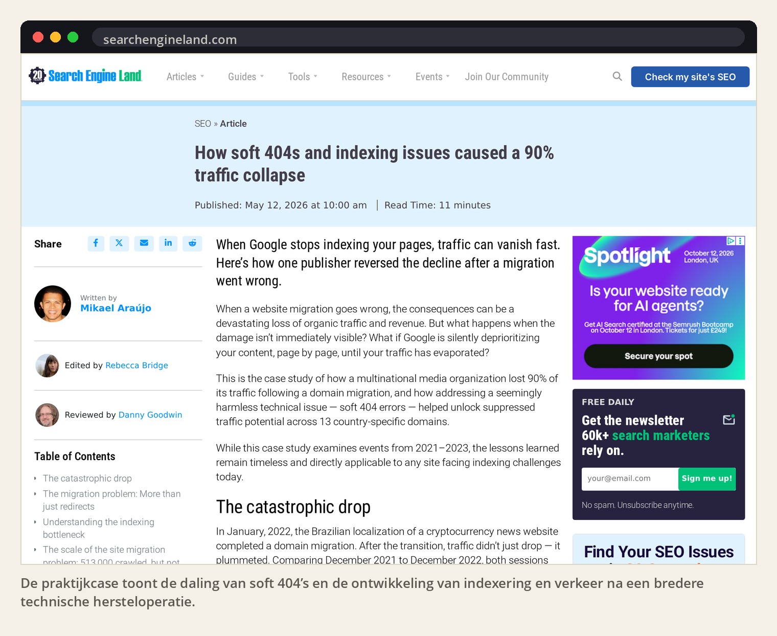 De praktijkcase toont de daling van soft 404’s en de ontwikkeling van indexering en verkeer na een bredere technische hersteloperatie.
