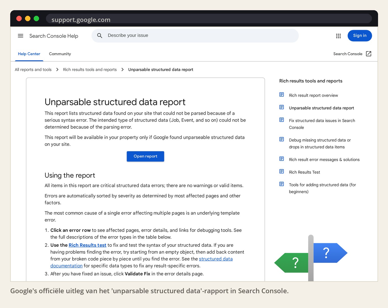Google's officiële uitleg van het 'unparsable structured data'-rapport in Search Console.