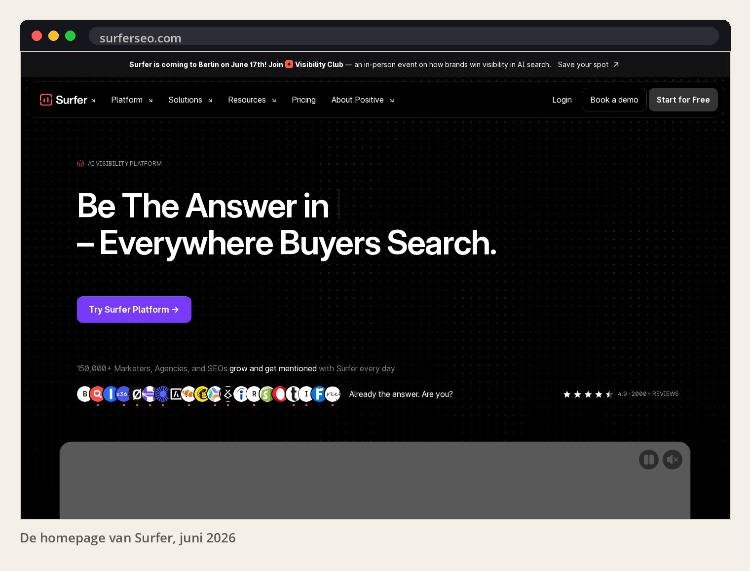 De homepage van Surfer in juni 2026