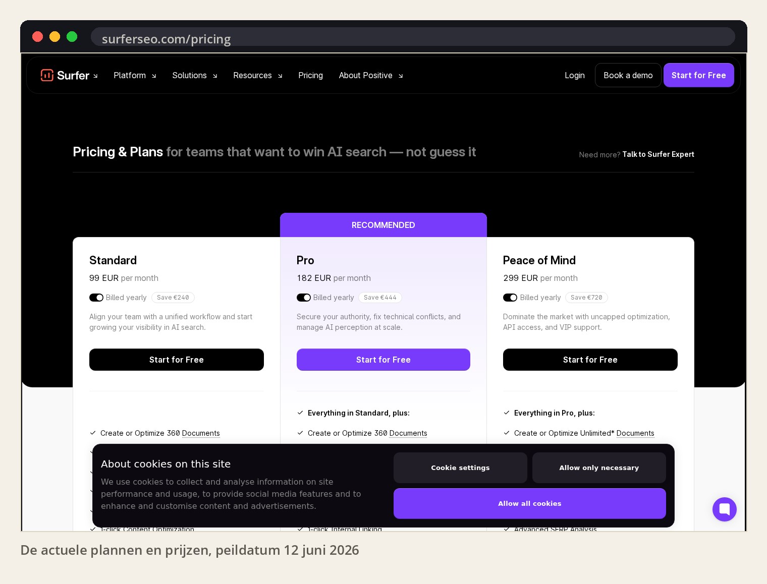 Screenshot van de Surfer-prijzenpagina, peildatum 12 juni 2026