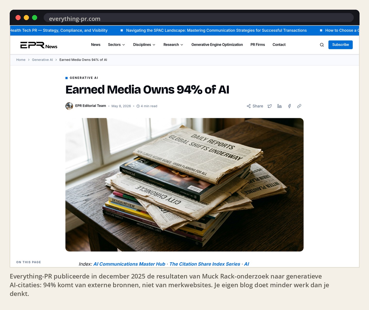 Everything-PR publiceerde in december 2025 de resultaten van Muck Rack-onderzoek naar generatieve AI-citaties: 94% komt van externe bronnen, niet van merkwebsites. Je eigen blog doet minder werk dan je denkt.