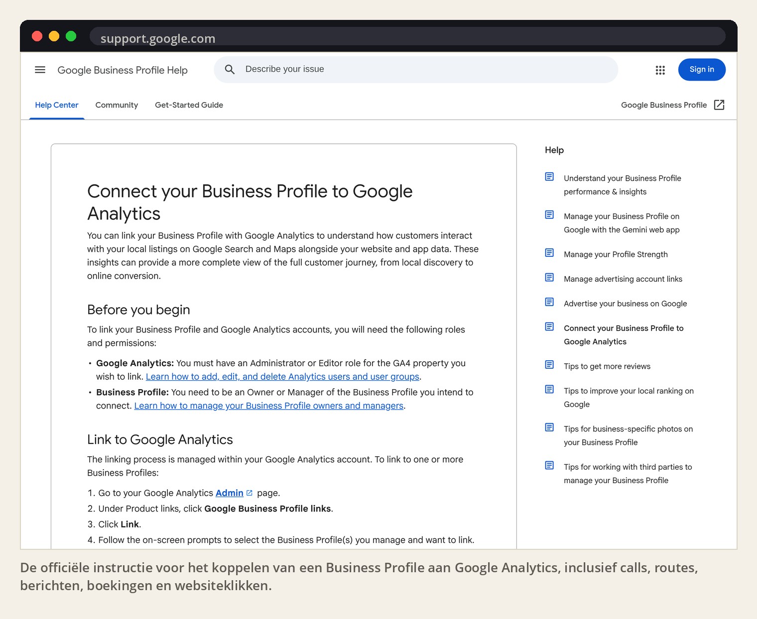De officiële instructie voor het koppelen van een Business Profile aan Google Analytics, inclusief calls, routes, berichten, boekingen en websiteklikken.