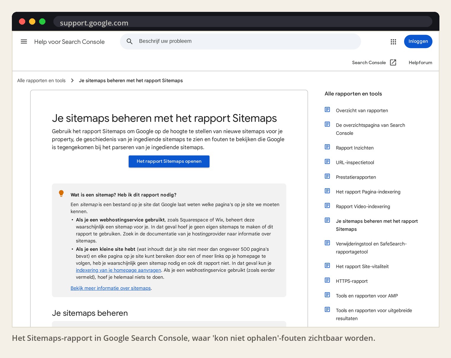 Het Sitemaps-rapport in Google Search Console, waar 'kon niet ophalen'-fouten zichtbaar worden.