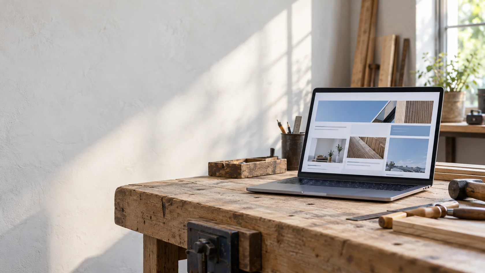 Laptop met een website op een houten werkbank in een lichte werkplaats