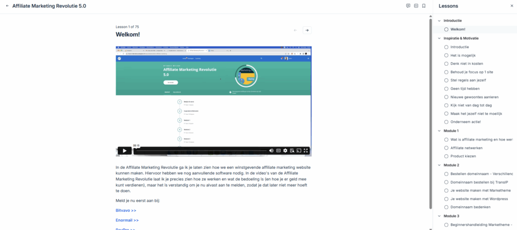 Affiliate Marketing Revolutie review introductie en startscherm cursus