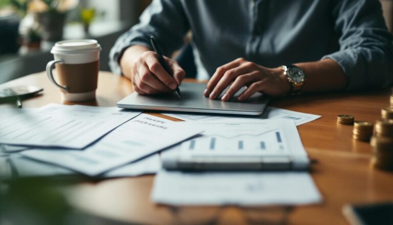 A photograph of a person working on a laptop in a cozy home office setting